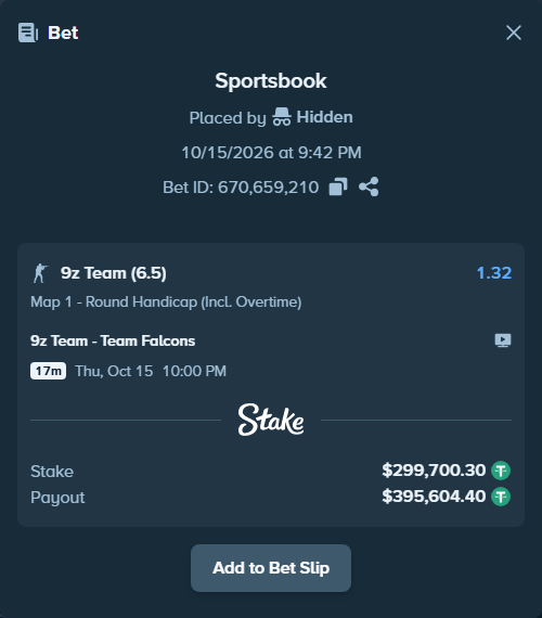 Bet slip: 9z Team - Team Falcons, $300,000.00 stake at 1.32 odds, placed by Mnt41