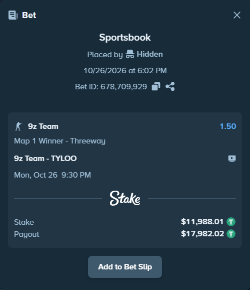 Bet slip: 9z Team - TYLOO, $12,000.00 stake at 1.50 odds, placed by Hidden
