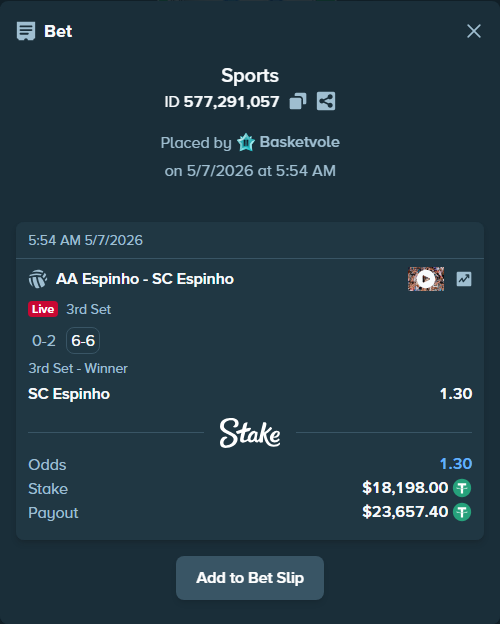 Bet slip: AA Espinho - SC Espinho, $18,198.00 stake at 1.30 odds, placed by Basketvole