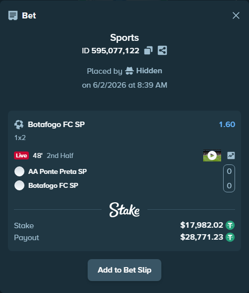 Bet slip: AA Ponte Preta SP - Botafogo FC SP, $18,000.00 stake at 1.60 odds, placed by Hidden