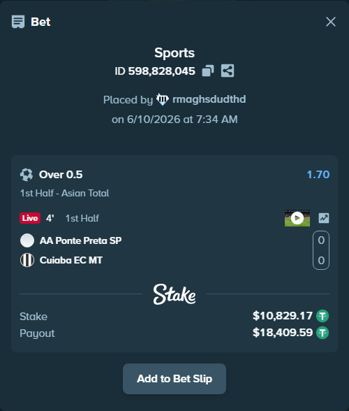 Bet slip: AA Ponte Preta SP - Cuiaba EC MT, $10,840.00 stake at 1.70 odds, placed by rmaghsdudthd