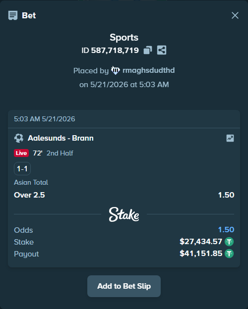 Bet slip: Aalesunds - Brann, $27,462.00 stake at 1.50 odds, placed by rmaghsdudthd