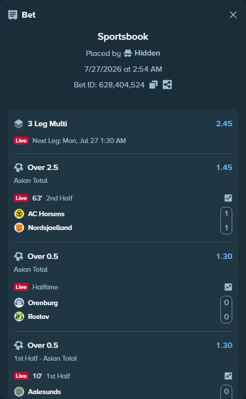Bet slip: Aalesunds - Viking, $34,896.28 stake at 1.30 odds, placed by Hidden