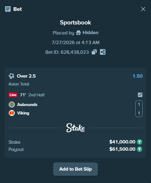 Bet slip: Aalesunds - Viking, $41,000.00 stake at 1.50 odds, placed by Hidden