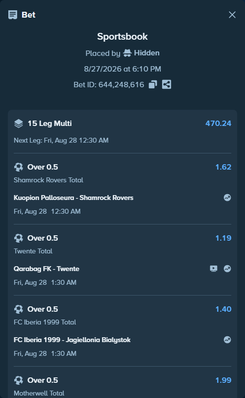 Bet slip: Aarhus - Benfica, $15,000.00 stake at 1.52 odds, placed by Hidden