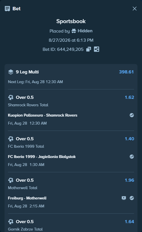 Bet slip: Aarhus - Benfica, $15,000.00 stake at 1.52 odds, placed by Hidden