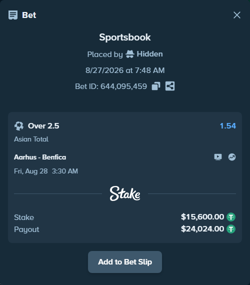 Bet slip: Aarhus - Benfica, $15,600.00 stake at 1.54 odds, placed by Hidden