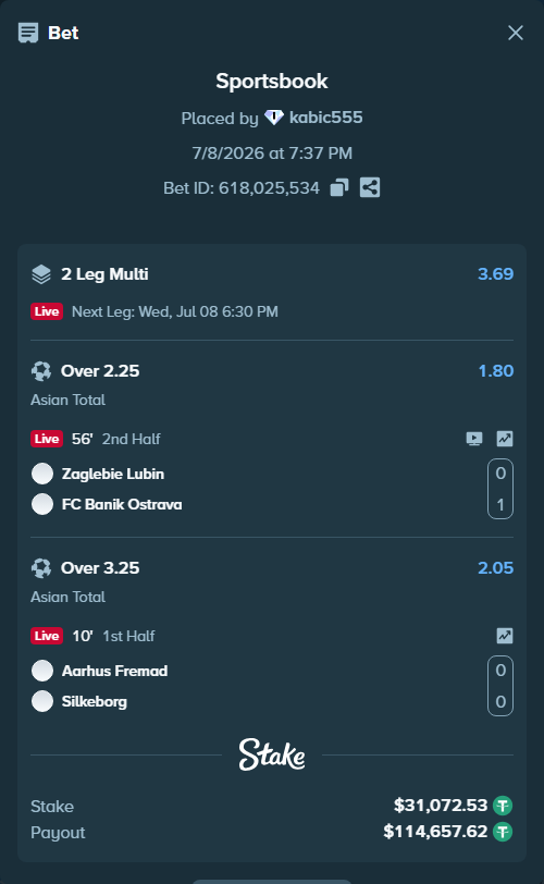 Bet slip: Aarhus Fremad - Silkeborg, $31,103.60 stake at 2.05 odds, placed by kabic555
