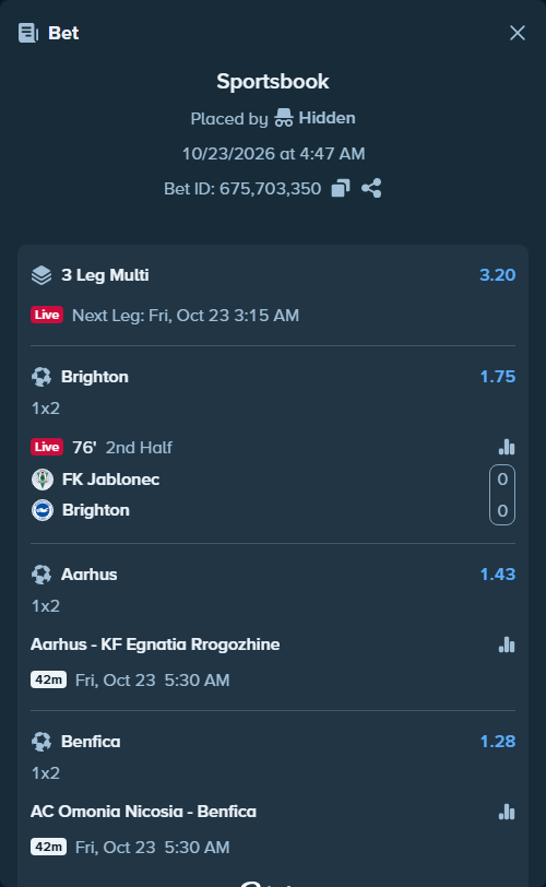 Bet slip: Aarhus - KF Egnatia Rrogozhine, $10,000.00 stake at 1.43 odds, placed by ArdianHertica