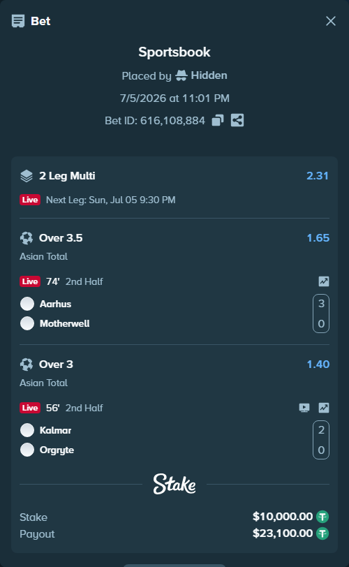 Bet slip: Aarhus - Motherwell, $10,010.00 stake at 1.65 odds, placed by Hidden