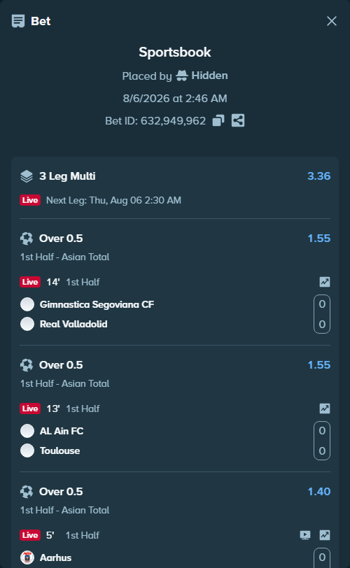 Bet slip: Aarhus - Sabah Masazir, $13,200.11 stake at 1.40 odds, placed by Hidden