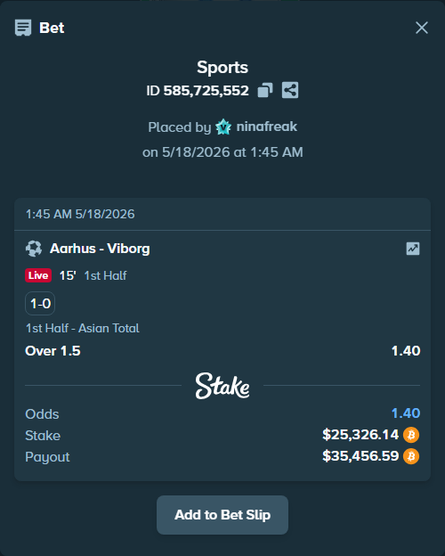 Bet slip: Aarhus - Viborg, $20,824.05 stake at 1.40 odds, placed by ninafreak