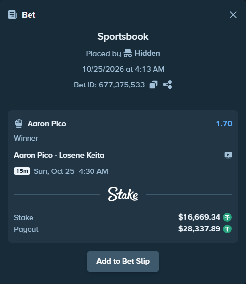 Bet slip: Aaron Pico - Keita, Losene, $16,686.01 stake at 1.70 odds, placed by Hidden