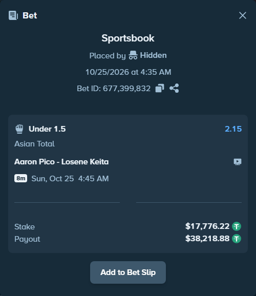 Bet slip: Aaron Pico - Keita, Losene, $17,794.00 stake at 2.15 odds, placed by Hidden