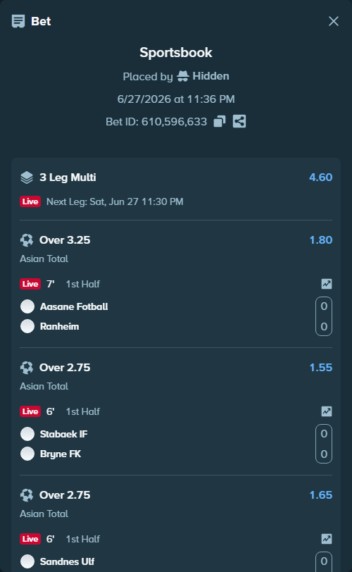 Bet slip: Aasane Fotball - Ranheim, $20,000.00 stake at 1.80 odds, placed by Hidden