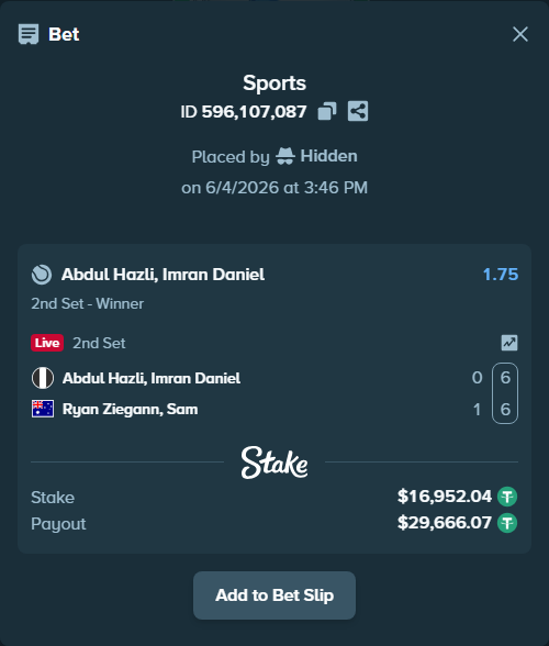 Bet slip: Abdul Hazli, Imran Daniel - Ryan Ziegann, Sam, $16,968.99 stake at 1.75 odds, placed by Hidden