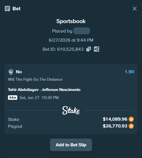 Bet slip: Abdullayev, Tahir - Nascimento, Jefferson, $14,420.46 stake at 1.90 odds, placed by theoutlaw