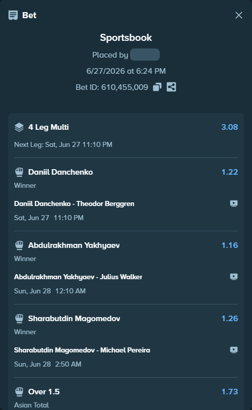 Bet slip: Abdulrakhman Yakhyaev - Julius Walker, $10,010.00 stake at 1.16 odds, placed by Newsstadion