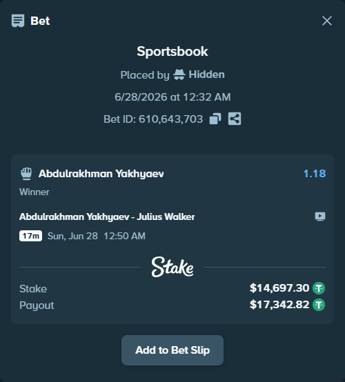 Bet slip: Abdulrakhman Yakhyaev - Julius Walker, $14,712.00 stake at 1.18 odds, placed by Hidden