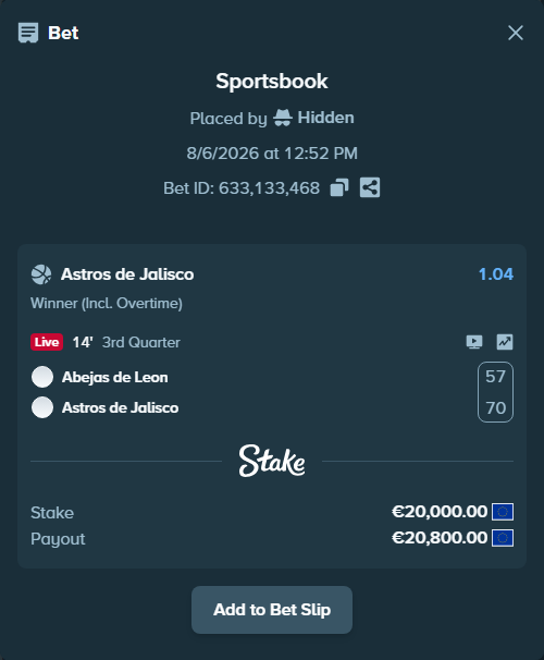 Bet slip: Abejas de Leon - Astros de Jalisco, $21,600.00 stake at 1.04 odds, placed by Hidden