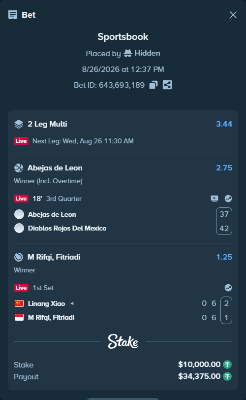 Bet slip: Abejas de Leon - Diablos Rojos Del Mexico, $10,000.00 stake at 2.75 odds, placed by Hidden
