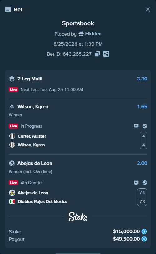Bet slip: Abejas de Leon - Diablos Rojos Del Mexico, $15,000.00 stake at 2.00 odds, placed by Hidden