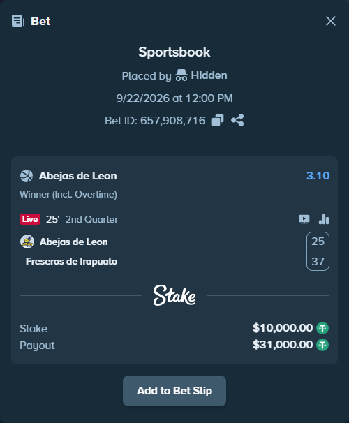 Bet slip: Abejas de Leon - Freseros de Irapuato, $10,000.00 stake at 3.10 odds, placed by Hidden