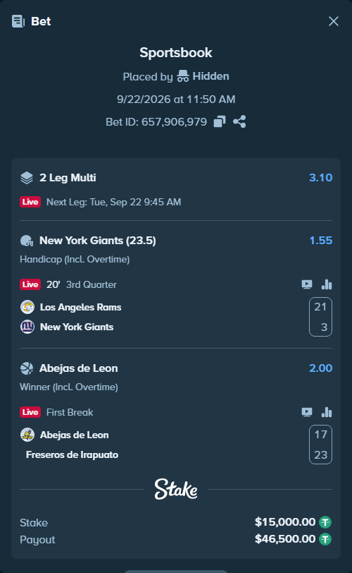 Bet slip: Abejas de Leon - Freseros de Irapuato, $15,000.00 stake at 2.00 odds, placed by Hidden
