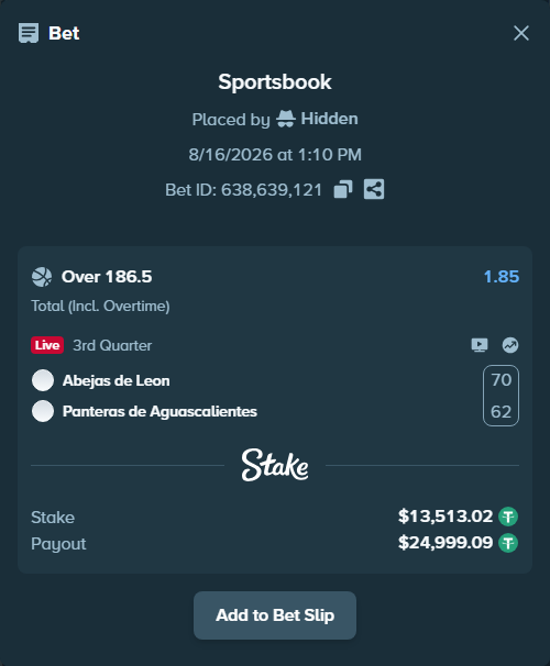 Bet slip: Abejas de Leon - Panteras de Aguascalientes, $13,526.54 stake at 1.85 odds, placed by Hidden