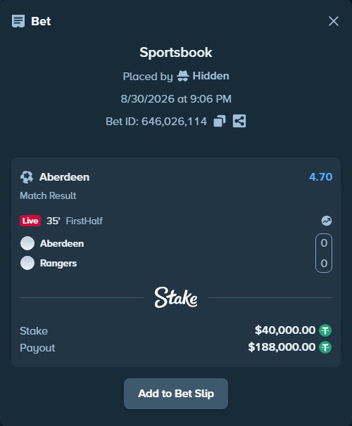 Bet slip: Aberdeen - Glasgow Rangers, $40,000.00 stake at 4.70 odds, placed by Hidden