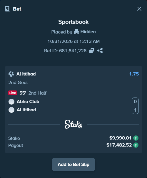 Bet slip: Abha Club - Al Ittihad, $10,000.00 stake at 1.75 odds, placed by ArdianHertica