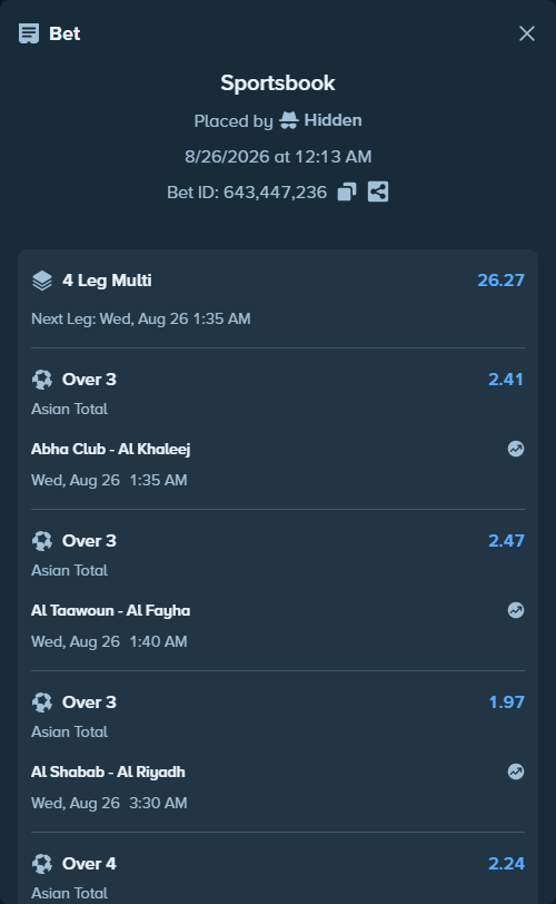 Bet slip: Abha Club - Al Khaleej, $90,000.00 stake at 2.41 odds, placed by Hidden