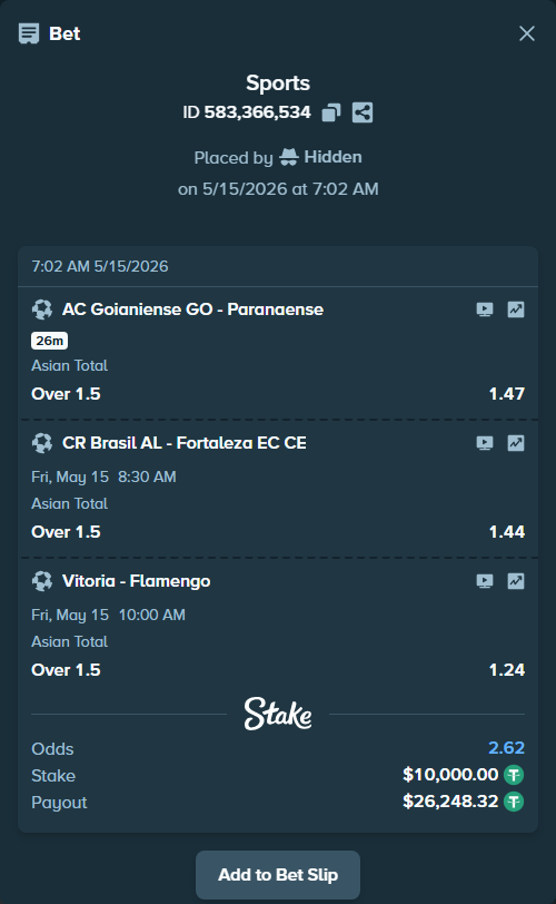 Bet slip: AC Goianiense GO - Paranaense, $10,000.00 stake at 1.47 odds, placed by Hidden