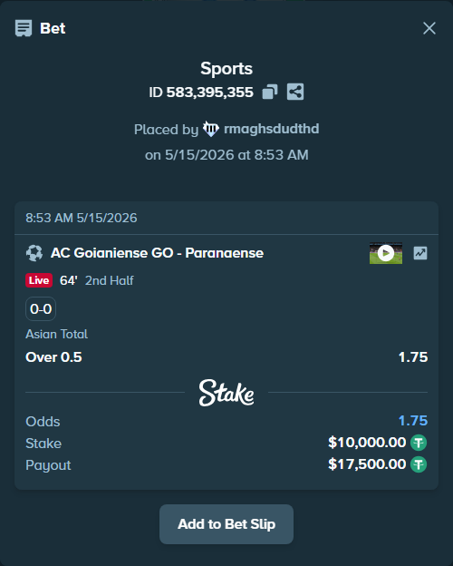 Bet slip: AC Goianiense GO - Paranaense, $10,000.00 stake at 1.75 odds, placed by rmaghsdudthd