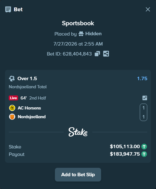 Bet slip: AC Horsens - Nordsjaelland, $105,113.00 stake at 1.75 odds, placed by Hidden