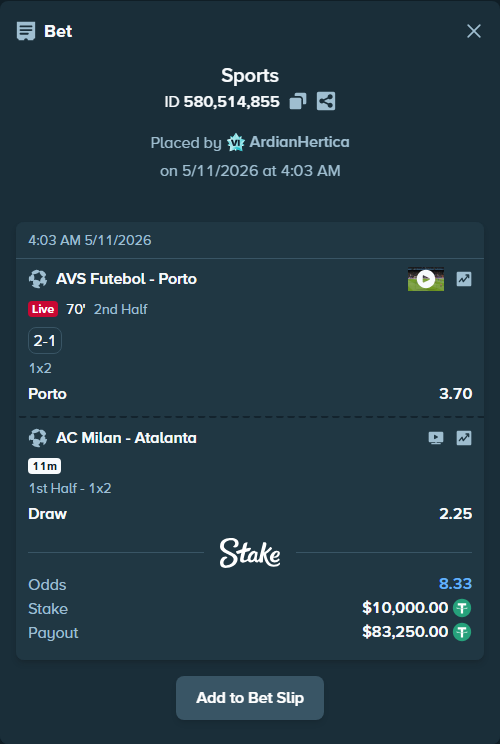 Bet slip: AC Milan - Atalanta, $10,000.00 stake at 2.25 odds, placed by ArdianHertica