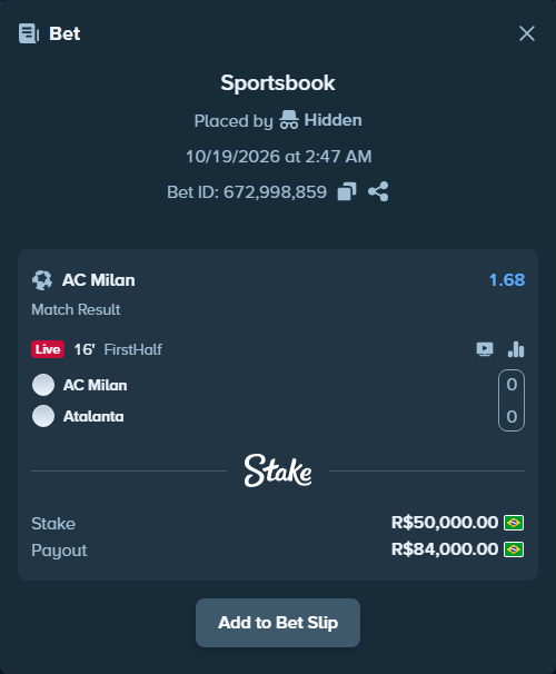 Bet slip: AC Milan - Atalanta, $10,000.00 stake at 1.68 odds, placed by ricardo911ss