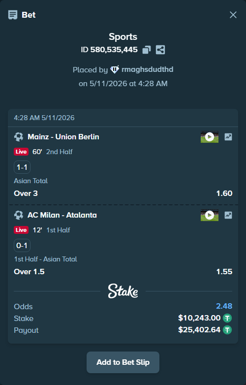 Bet slip: AC Milan - Atalanta, $10,243.00 stake at 1.55 odds, placed by rmaghsdudthd