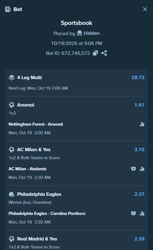 Bet slip: AC Milan - Atalanta, $50,000.00 stake at 3.15 odds, placed by Hidden