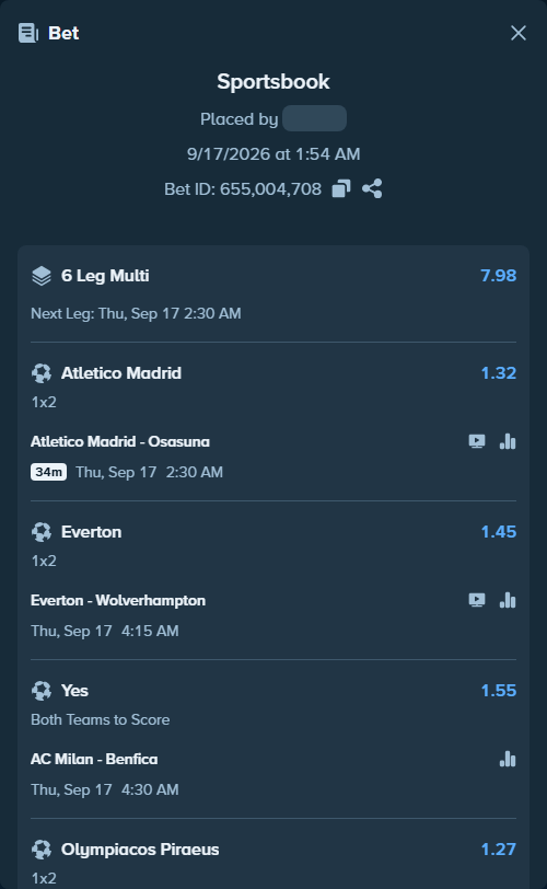 Bet slip: AC Milan - Benfica, $12,580.00 stake at 1.55 odds, placed by Gheer28