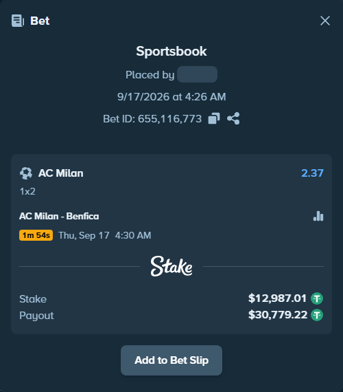 Bet slip: AC Milan - Benfica, $13,000.00 stake at 2.37 odds, placed by jarosbet