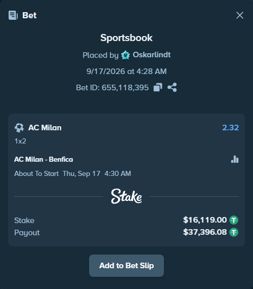 Bet slip: AC Milan - Benfica, $16,135.12 stake at 2.32 odds, placed by Oskarlindt