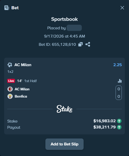 Bet slip: AC Milan - Benfica, $17,000.00 stake at 2.25 odds, placed by Mrazova