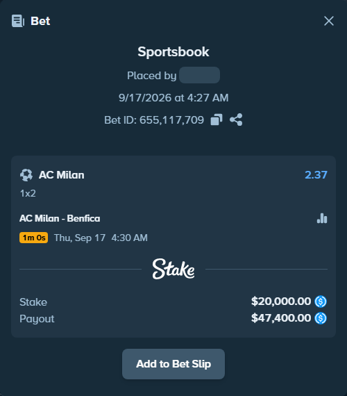 Bet slip: AC Milan - Benfica, $20,000.00 stake at 2.37 odds, placed by pering3
