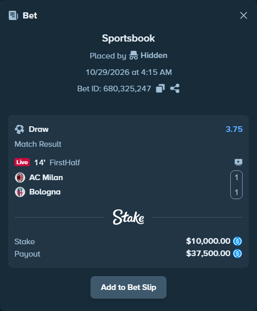 Bet slip: AC Milan - Bologna, $10,000.00 stake at 3.75 odds, placed by Molle59