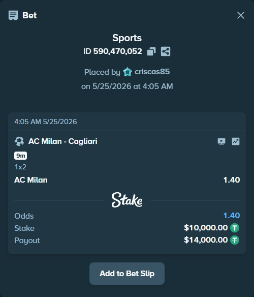 Bet slip: AC Milan - Cagliari, $10,000.00 stake at 1.40 odds, placed by criscas85
