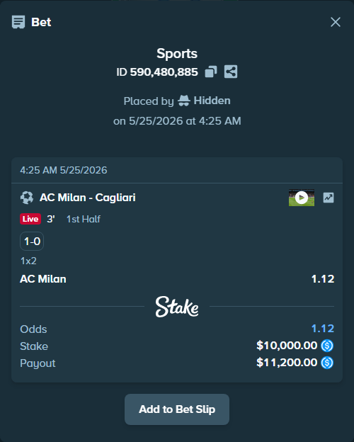 Bet slip: AC Milan - Cagliari, $10,000.00 stake at 1.12 odds, placed by Hidden