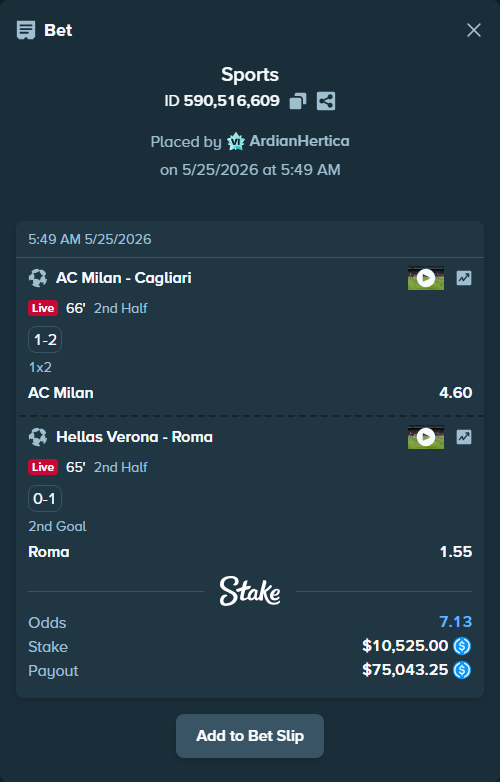 Bet slip: AC Milan - Cagliari, $10,525.00 stake at 4.60 odds, placed by ArdianHertica
