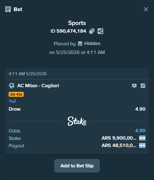 Bet slip: AC Milan - Cagliari, $10,890.00 stake at 4.90 odds, placed by Hidden