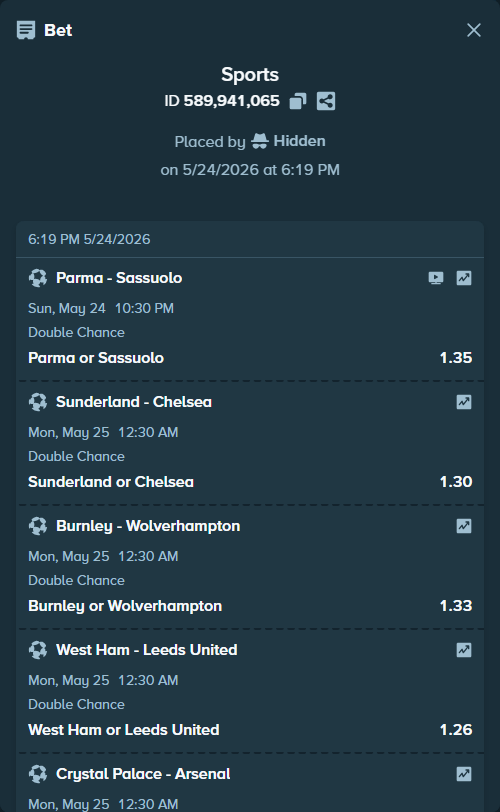 Bet slip: AC Milan - Cagliari, $11,074.00 stake at 1.16 odds, placed by Hidden